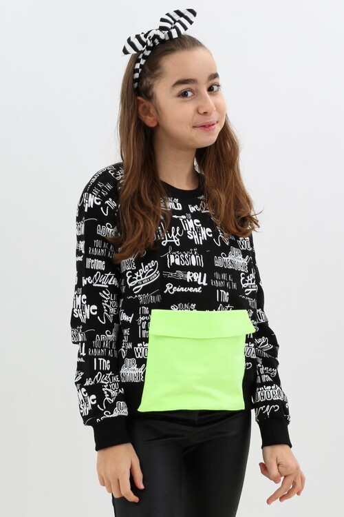 Kız Çocuk Yazı Baskılı Cepli Sweatshirt 9-14 Yaş 14122