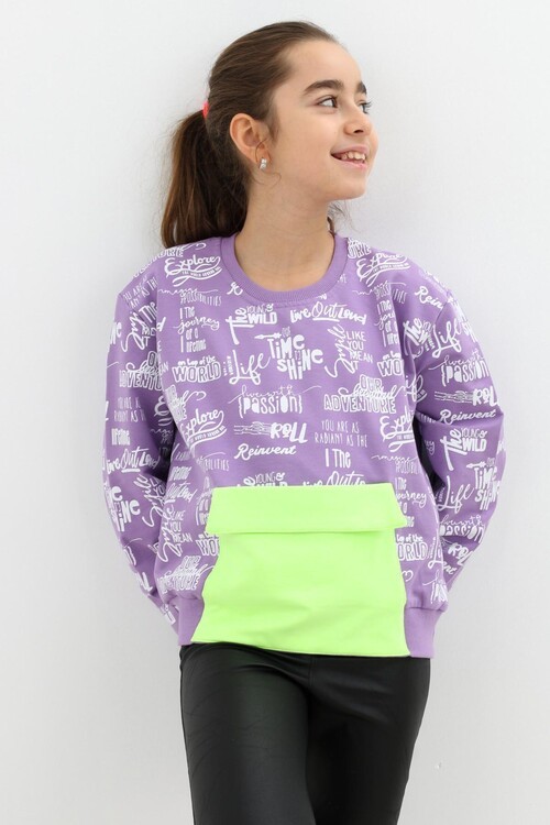 Kız Çocuk Yazı Baskılı Cepli Sweatshirt 9-14 Yaş 14122