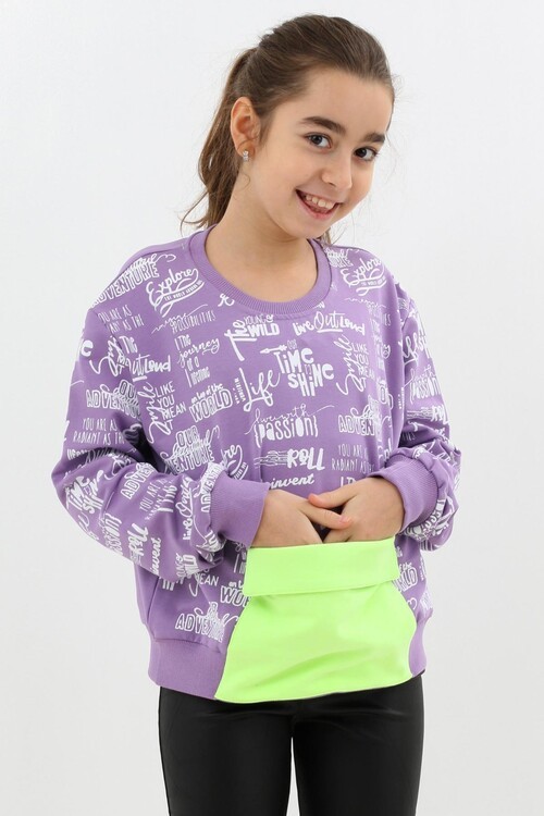 Kız Çocuk Yazı Baskılı Cepli Sweatshirt 9-14 Yaş 14122
