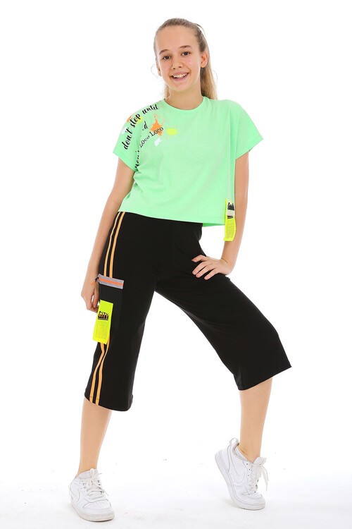 Kız Çocuk Yazı Baskılı Kaprili Tayt 10-15 Yaş 13889