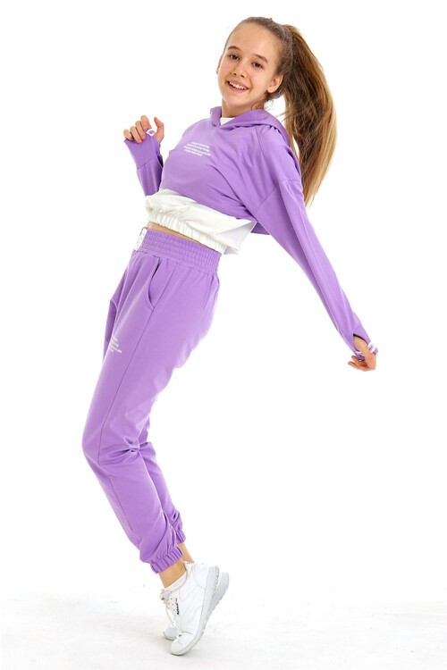 Kız Çocuk Yazı Baskılı Kapşonlu 3 Lü Takım 10-15 Yaş 14125