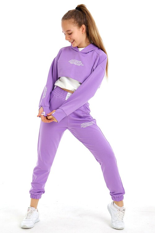 Kız Çocuk Yazı Baskılı Kapşonlu 3 Lü Takım 10-15 Yaş 14125