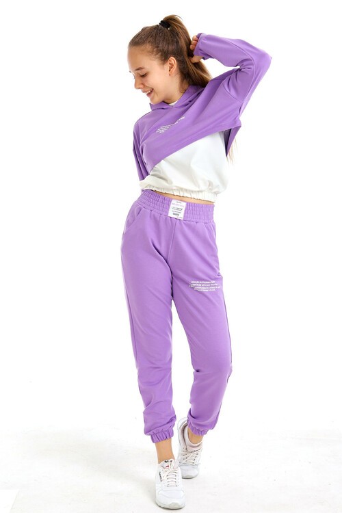 Kız Çocuk Yazı Baskılı Kapşonlu 3 Lü Takım 10-15 Yaş 14125