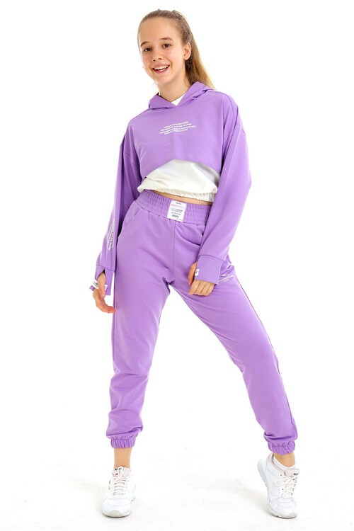 Kız Çocuk Yazı Baskılı Kapşonlu 3 Lü Takım 10-15 Yaş 14125