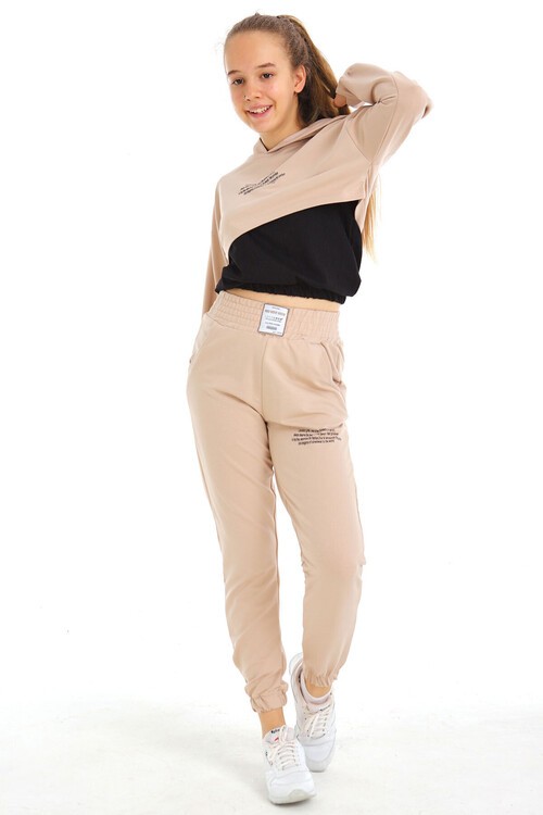 Kız Çocuk Yazı Baskılı Kapşonlu 3 Lü Takım 10-15 Yaş 14125