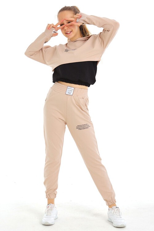 Kız Çocuk Yazı Baskılı Kapşonlu 3 Lü Takım 10-15 Yaş 14125