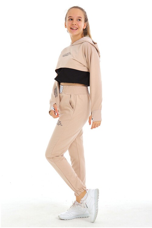 Kız Çocuk Yazı Baskılı Kapşonlu 3 Lü Takım 10-15 Yaş 14125