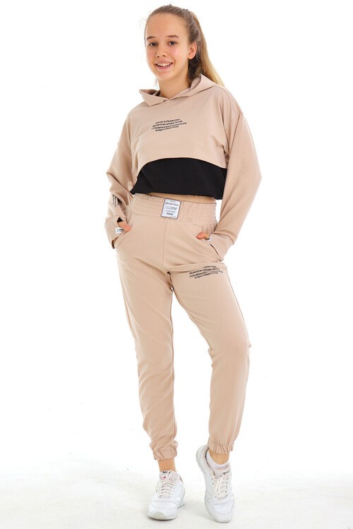 Kız Çocuk Yazı Baskılı Kapşonlu 3 Lü Takım 10-15 Yaş 14125