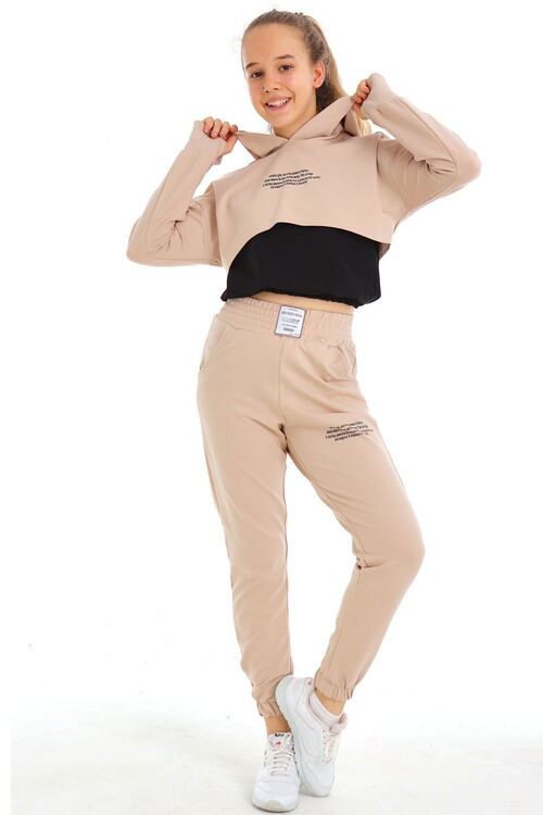 Kız Çocuk Yazı Baskılı Kapşonlu 3 Lü Takım 10-15 Yaş 14125