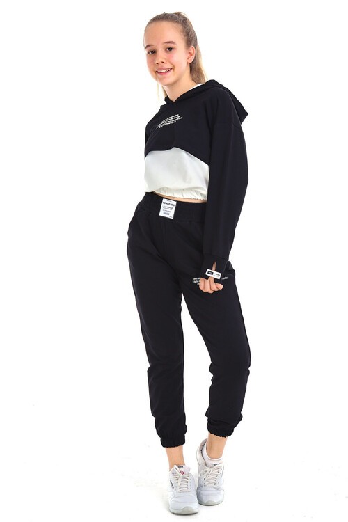 Kız Çocuk Yazı Baskılı Kapşonlu 3 Lü Takım 10-15 Yaş 14125