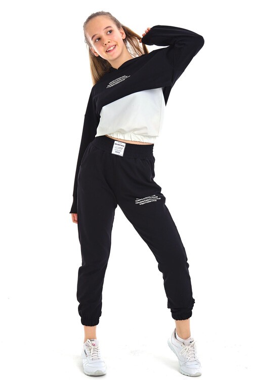 Kız Çocuk Yazı Baskılı Kapşonlu 3 Lü Takım 10-15 Yaş 14125