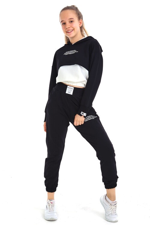 Kız Çocuk Yazı Baskılı Kapşonlu 3 Lü Takım 10-15 Yaş 14125