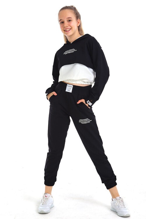 Kız Çocuk Yazı Baskılı Kapşonlu 3 Lü Takım 10-15 Yaş 14125