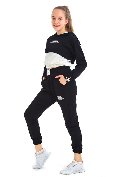 Kız Çocuk Yazı Baskılı Kapşonlu 3 Lü Takım 10-15 Yaş 14125