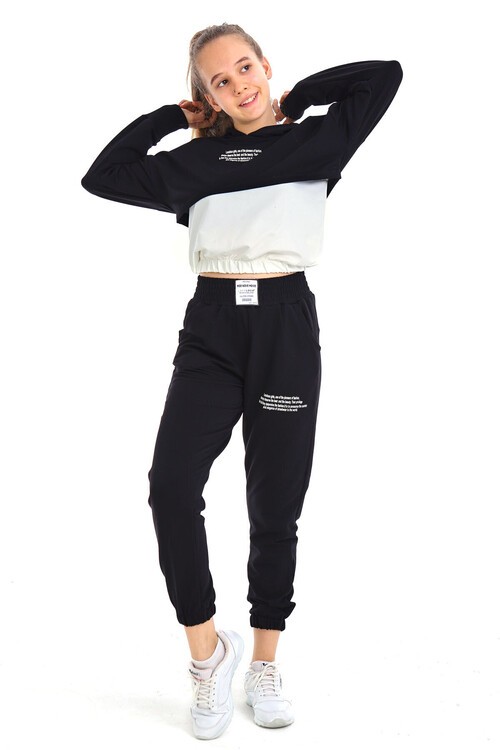 Kız Çocuk Yazı Baskılı Kapşonlu 3 Lü Takım 10-15 Yaş 14125