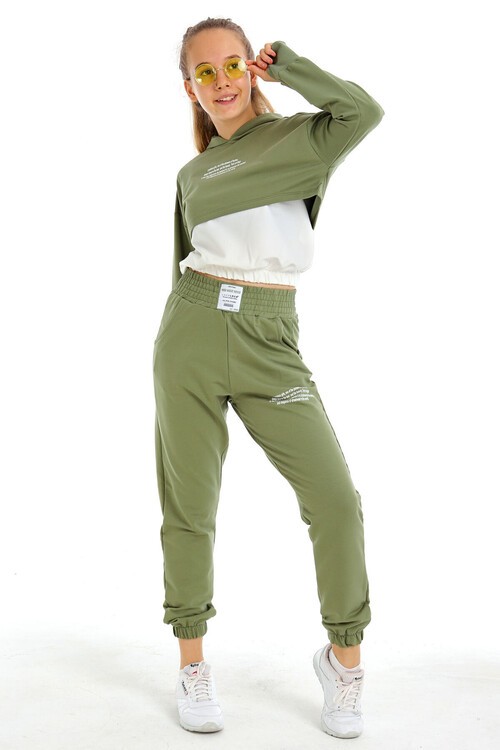 Kız Çocuk Yazı Baskılı Kapşonlu 3 Lü Takım 10-15 Yaş 14125