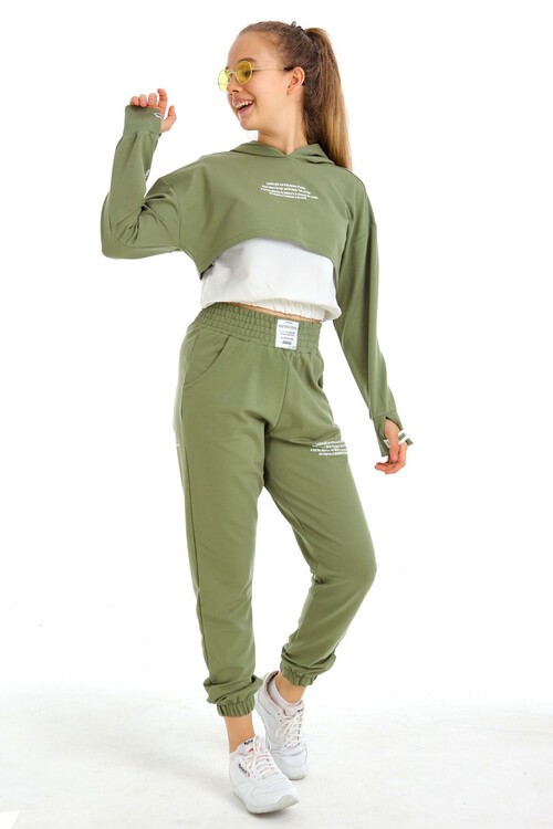 Kız Çocuk Yazı Baskılı Kapşonlu 3 Lü Takım 10-15 Yaş 14125