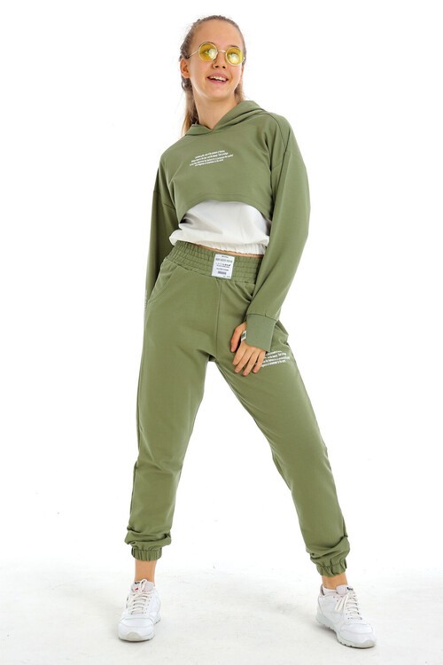 Kız Çocuk Yazı Baskılı Kapşonlu 3 Lü Takım 10-15 Yaş 14125