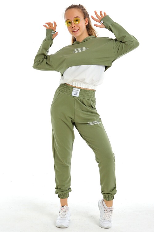 Kız Çocuk Yazı Baskılı Kapşonlu 3 Lü Takım 10-15 Yaş 14125