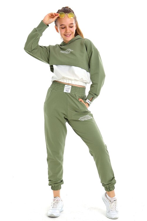 Kız Çocuk Yazı Baskılı Kapşonlu 3 Lü Takım 10-15 Yaş 14125