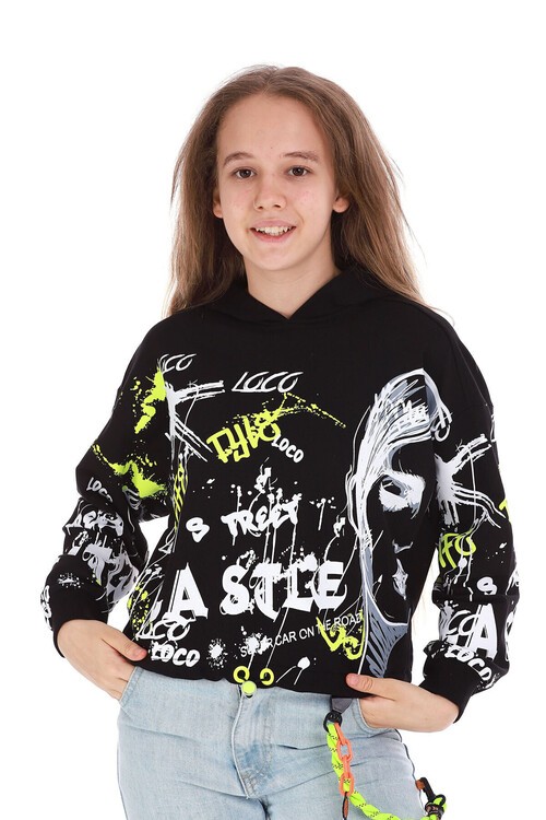 Kız Çocuk Yazı Baskılı Kapşonlu Sweatshirt 10-15 Yaş 13992