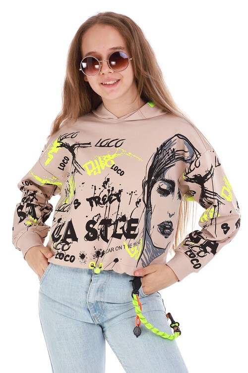 Kız Çocuk Yazı Baskılı Kapşonlu Sweatshirt 10-15 Yaş 13992