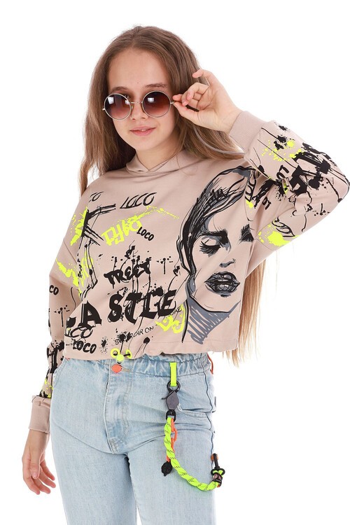Kız Çocuk Yazı Baskılı Kapşonlu Sweatshirt 10-15 Yaş 13992