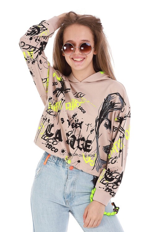 Kız Çocuk Yazı Baskılı Kapşonlu Sweatshirt 10-15 Yaş 13992