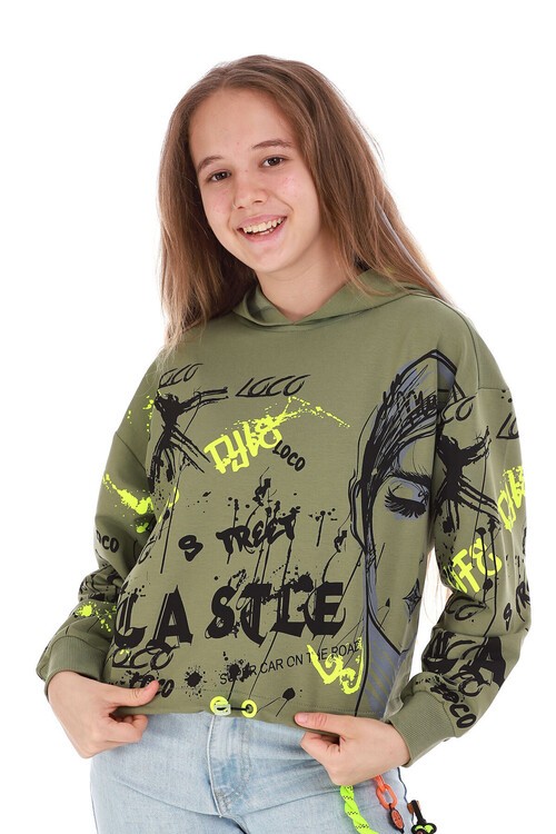 Kız Çocuk Yazı Baskılı Kapşonlu Sweatshirt 10-15 Yaş 13992
