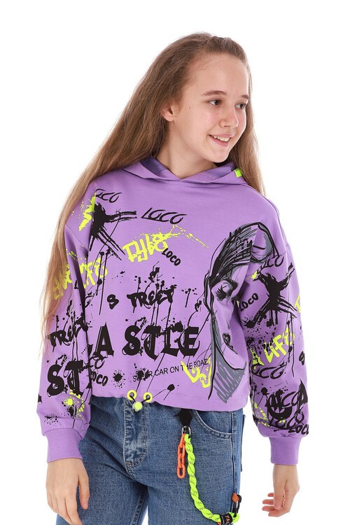 Kız Çocuk Yazı Baskılı Kapşonlu Sweatshirt 10-15 Yaş 13992