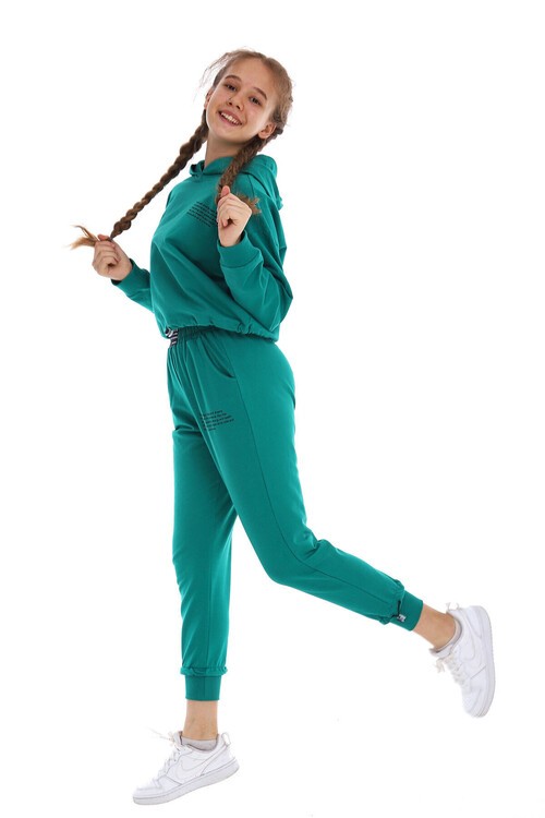 Kız Çocuk Pamuk Yazı Baskılı Kapşonlu Eşofman Takımı 14166