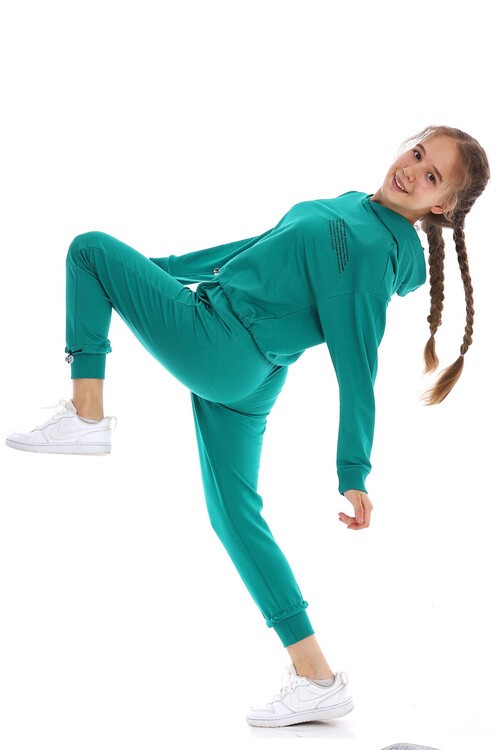 Kız Çocuk Pamuk Yazı Baskılı Kapşonlu Eşofman Takımı 14166