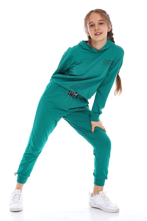 Kız Çocuk Pamuk Yazı Baskılı Kapşonlu Eşofman Takımı 14166