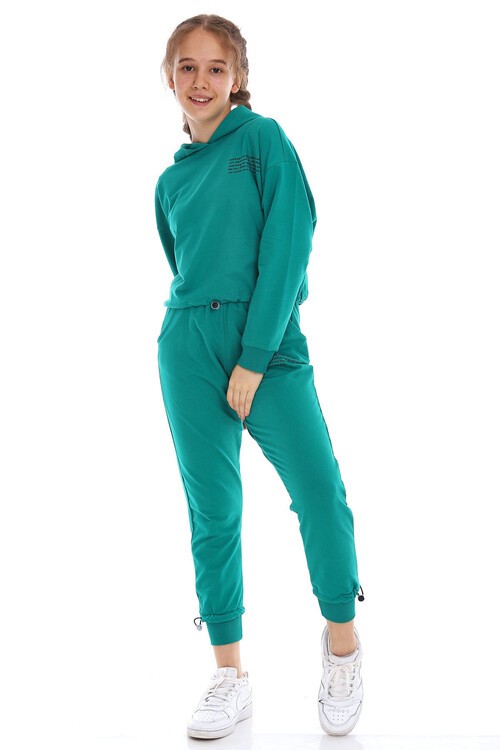 Kız Çocuk Pamuk Yazı Baskılı Kapşonlu Eşofman Takımı 14166