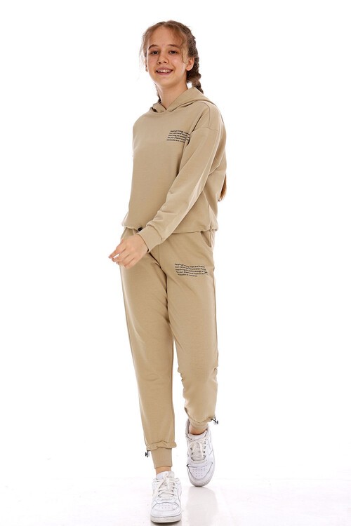 Kız Çocuk Pamuk Yazı Baskılı Kapşonlu Eşofman Takımı 14166