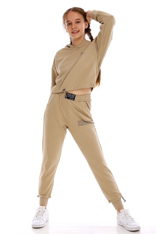 Kız Çocuk Pamuk Yazı Baskılı Kapşonlu Eşofman Takımı 14166