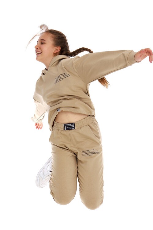 Kız Çocuk Pamuk Yazı Baskılı Kapşonlu Eşofman Takımı 14166