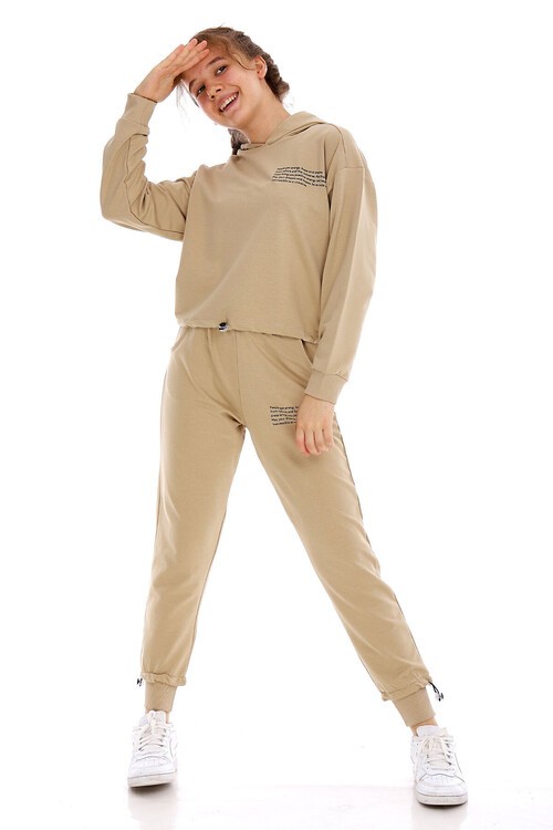 Kız Çocuk Pamuk Yazı Baskılı Kapşonlu Eşofman Takımı 14166