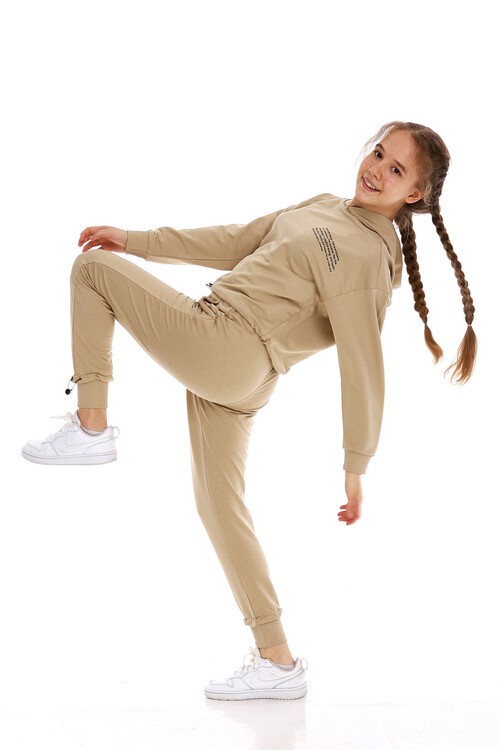 Kız Çocuk Pamuk Yazı Baskılı Kapşonlu Eşofman Takımı 14166