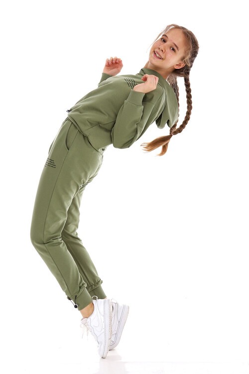 Kız Çocuk Pamuk Yazı Baskılı Kapşonlu Eşofman Takımı 14166