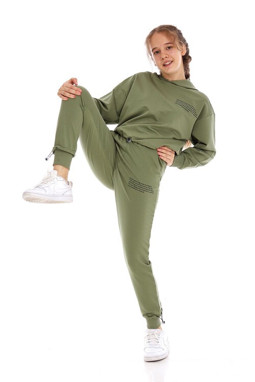 Kız Çocuk Pamuk Yazı Baskılı Kapşonlu Eşofman Takımı 14166