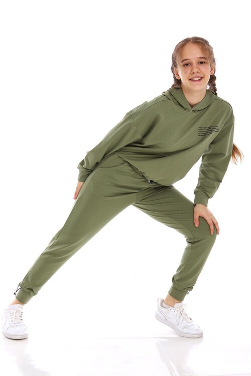 Kız Çocuk Pamuk Yazı Baskılı Kapşonlu Eşofman Takımı 14166