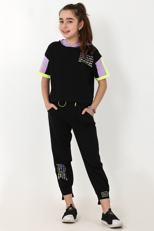 Kız Çocuk Yazı Baskılı Kapüşonlu Takım 10-15 Yaş 13851