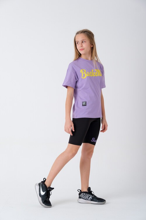 Yazı Baskılı Şort Tayt ve Tişörtlü Kız Çocuk Takım 13856