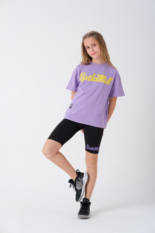 Yazı Baskılı Şort Tayt ve Tişörtlü Kız Çocuk Takım 13856