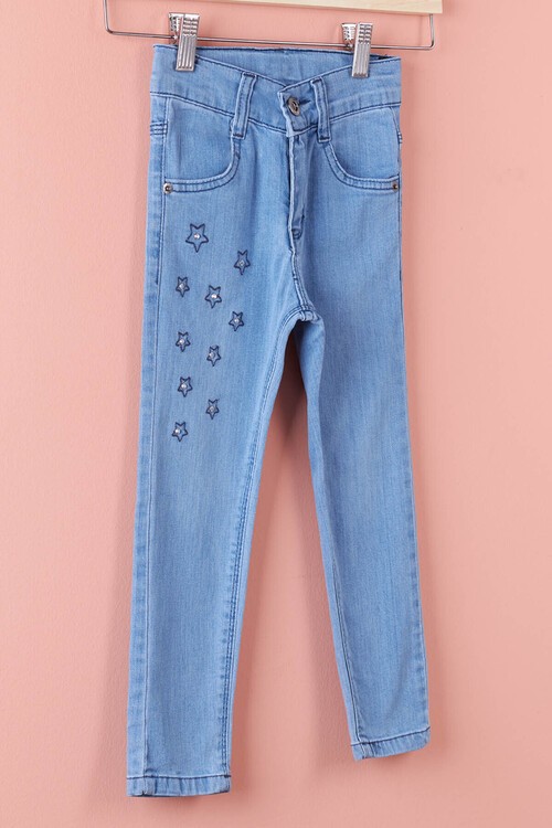 Kız Çocuk Yıldız İşlemeli Jean Pantolon 2-12 Yaş 13881