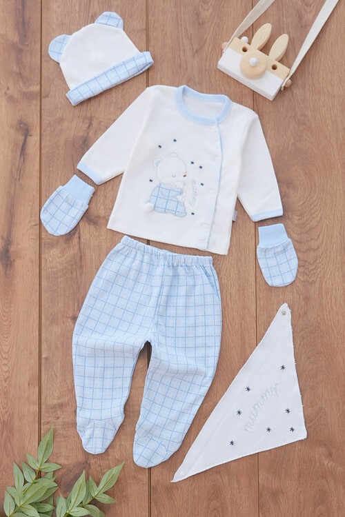 Erkek Bebek Ayıcık Nakışlı 5li Zıbın Seti 0-3 Ay 13718