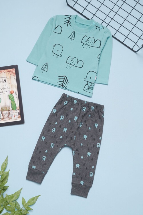 Erkek Bebek Civciv Baskılı Çıtçıtlı Eşofman Takımı 14563