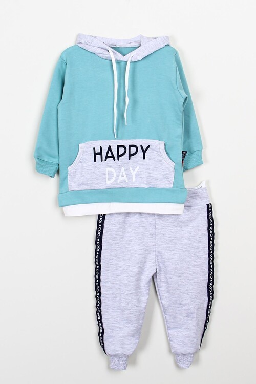 Erkek Bebek Happy Baskılı Kapşonlu Eşofman Takımı 14570