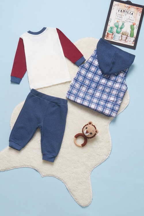 Erkek Bebek Kare Desenli Yelekli 3lü Eşofman Takımı 14580